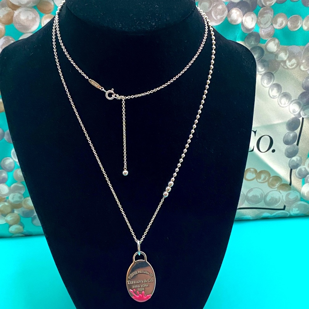 Mix bead chain and medium oval pink enamel splash necklace - Picture 5 of 6
